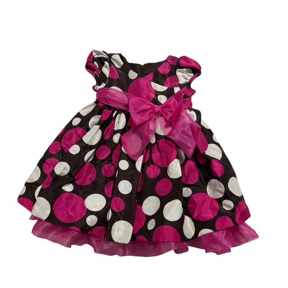 Bonnie Baby Polka Dot Party Dress Pink Brown 12M With Bloomers